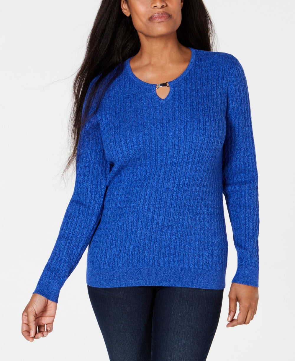 Karen Scott Women's Cotton Cable Knit Keyhole Sweater Blue Size Large