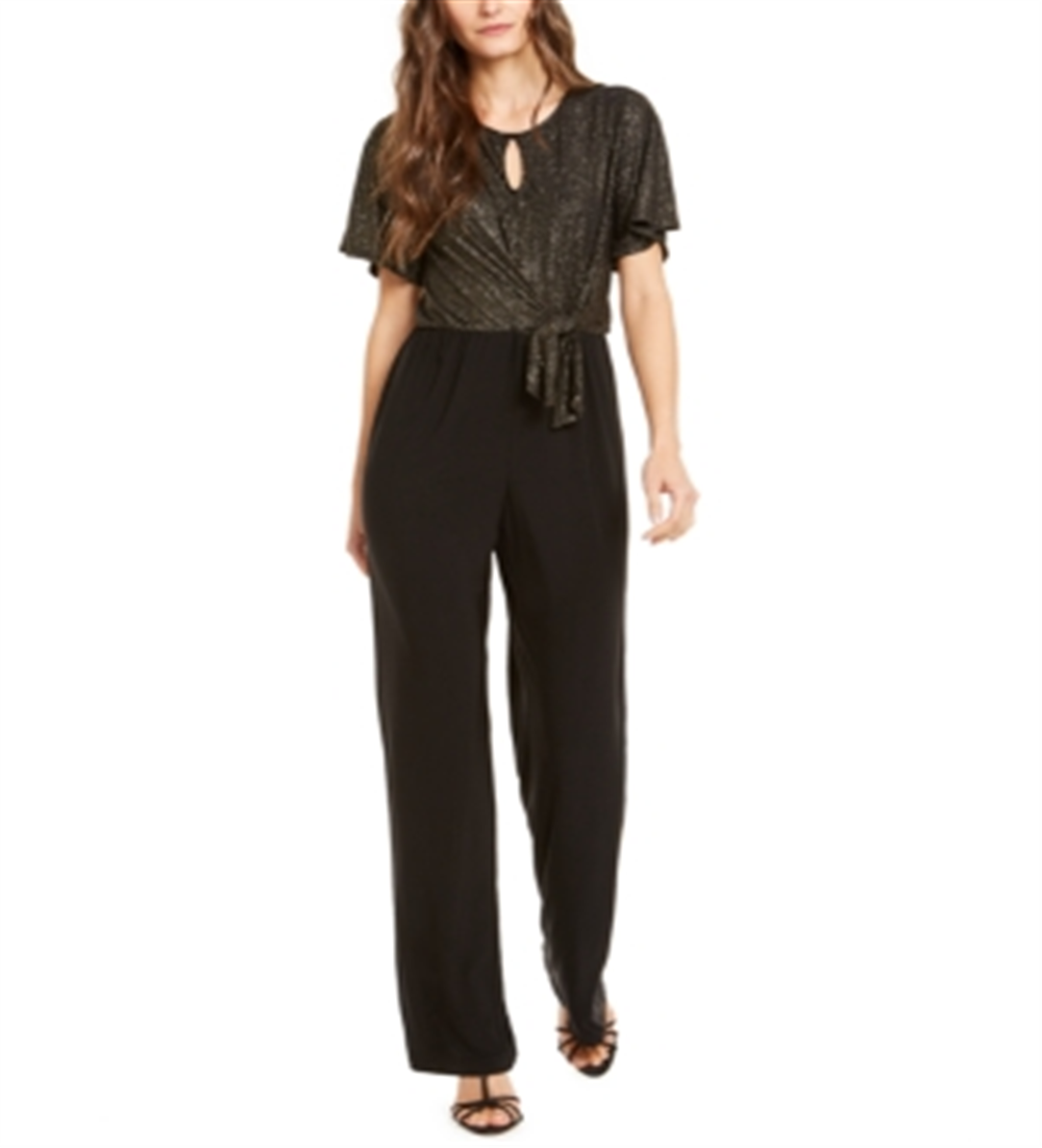 NY Collection Women's Metallic Tie Front Jumpsuit Black Size Petite M