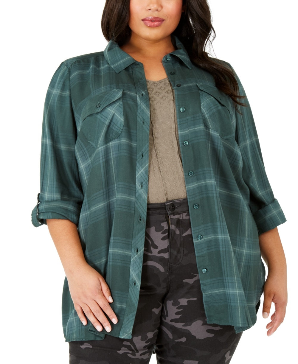 Style & Co Women's Plus Size Plaid Utility Shirt Green 0X