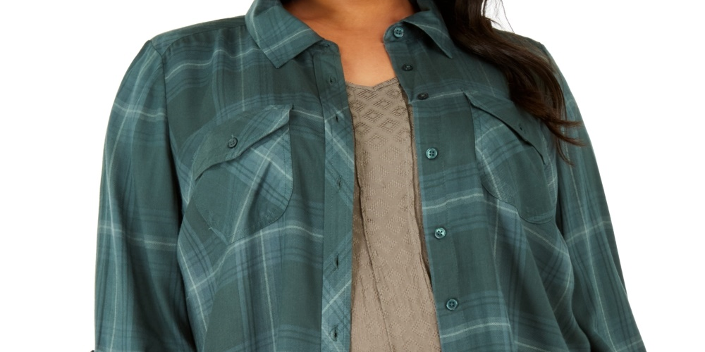Style & Co Women's Plus Size Plaid Utility Shirt Green 0X
