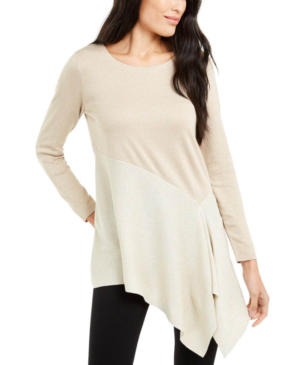 Alfani Women's Petite Colorblocked Asymmetrical Sweater Beige PL