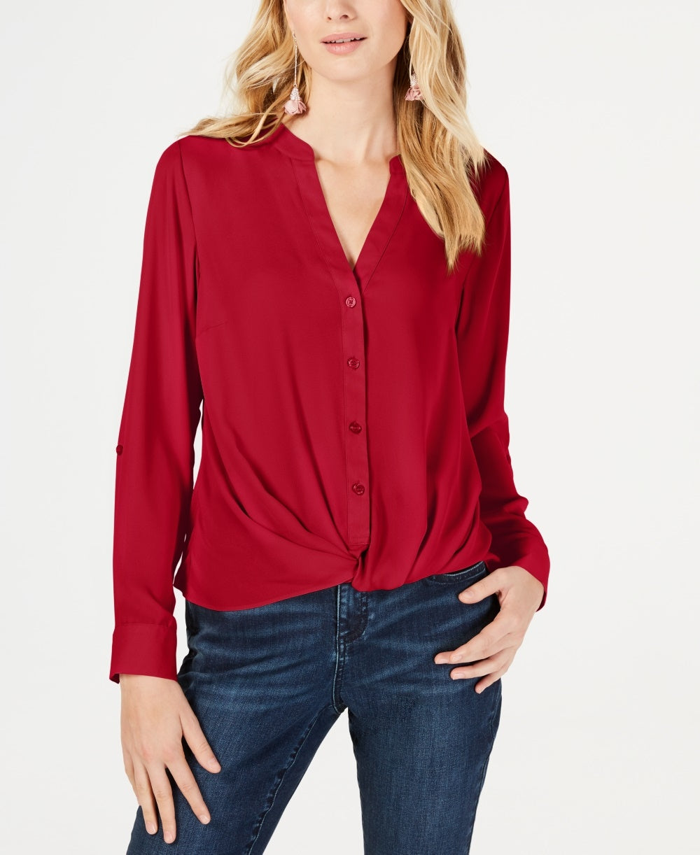 INC International Concepts Women's Twist Front Button Up Top Red Size Petite Medium