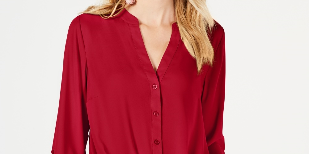 INC International Concepts Women's Twist Front Button Up Top Red Size Petite Medium