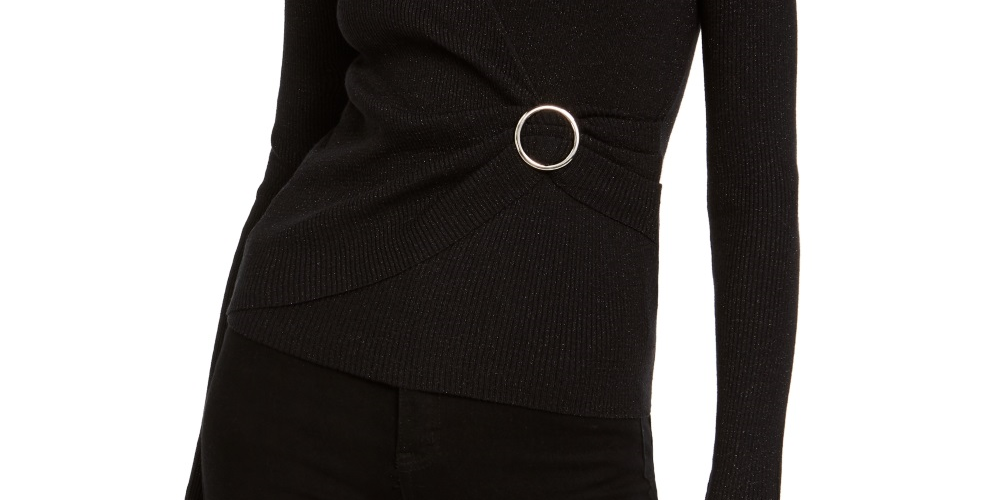 INC International Concepts Women's Metallic Knit Faux Wrap Sweater Black Size PL