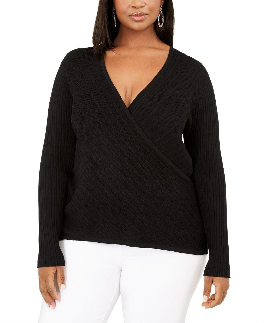 INC International Concepts Women's Plus Pointelle Surplice Sweater Black Size 1X