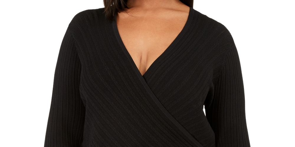 INC International Concepts Women's Plus Pointelle Surplice Sweater Black Size 1X