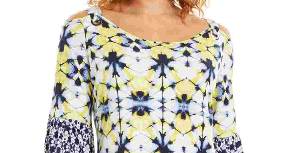 JM Collection Women's Petite Printed Cold-Shoulder Top Navy Size PL