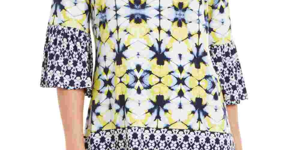 JM Collection Women's Petite Printed Cold-Shoulder Top Navy Size PL