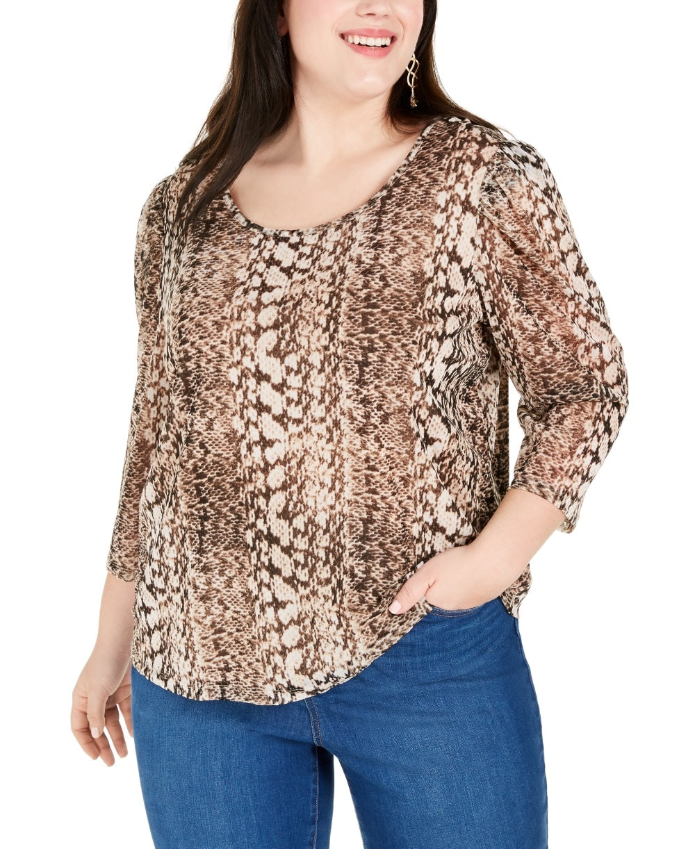 INC International Concepts Women's Plus Size Printed 3/4-Sleeve Top Brown Size 0X