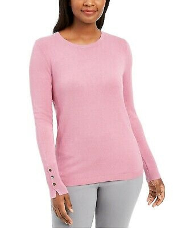 JM Collection Women's Button Cuff Crewneck Sweater Pink Size Petite X-Large
