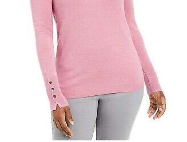 JM Collection Women's Button Cuff Crewneck Sweater Pink Size Petite X-Large