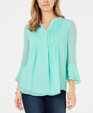 Charter Club Women's Double Ruffle Textured Pintuck Top Mint Size Large