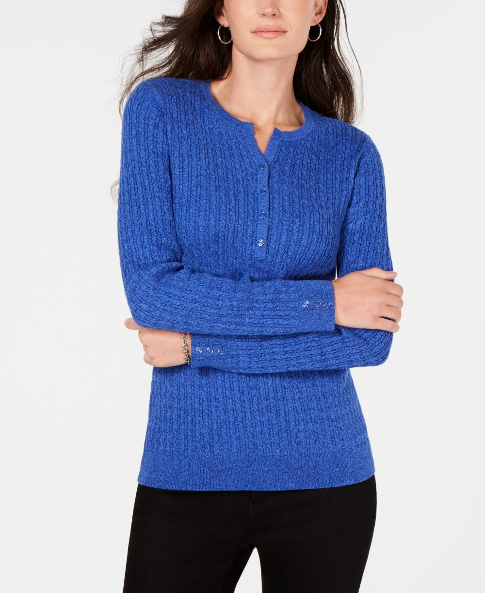 Karen Scott Women's Petite Cotton Cable-Knit Henley Sweater Blue Size PM