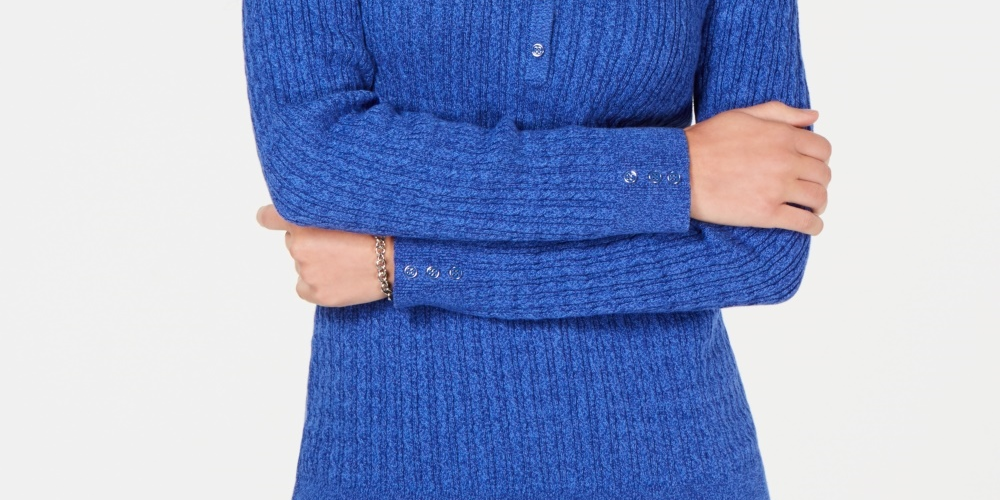 Karen Scott Women's Petite Cotton Cable-Knit Henley Sweater Blue Size PM