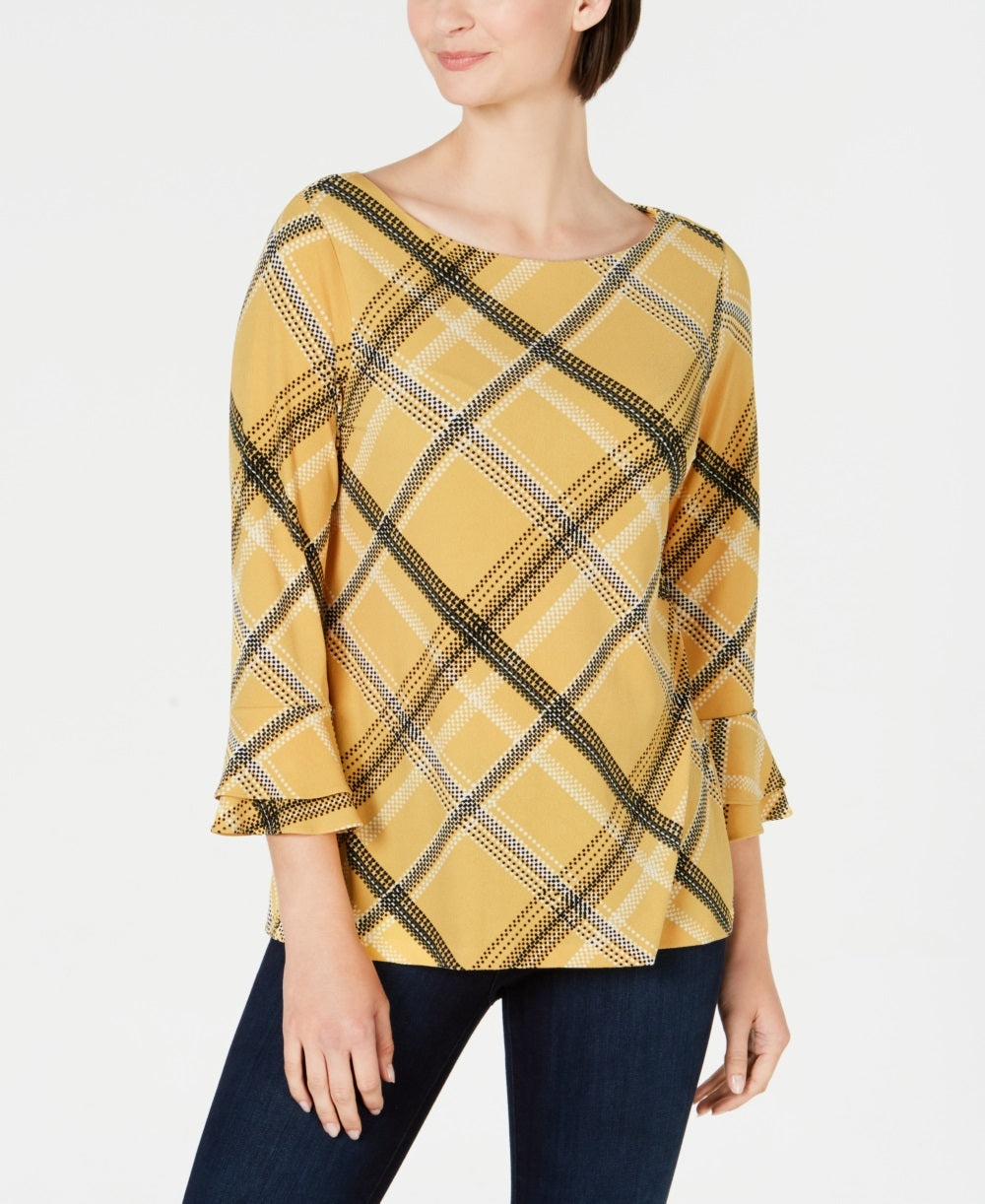 Charter Club Women's Plaid Bell Sleeve Top Gold Size Petite L