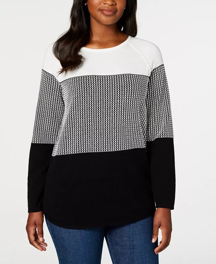 Karen Scott Textured Cotton Colorblock Pullover Sweater  Brightblue Size X-Small