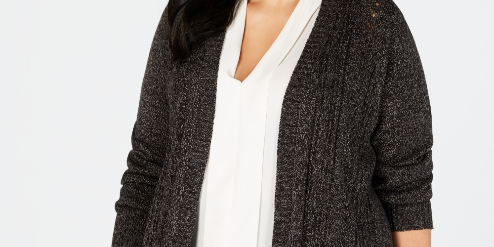 Karen Scott Women's Plus Pointelle Open Front Cardigan Black Size 0X