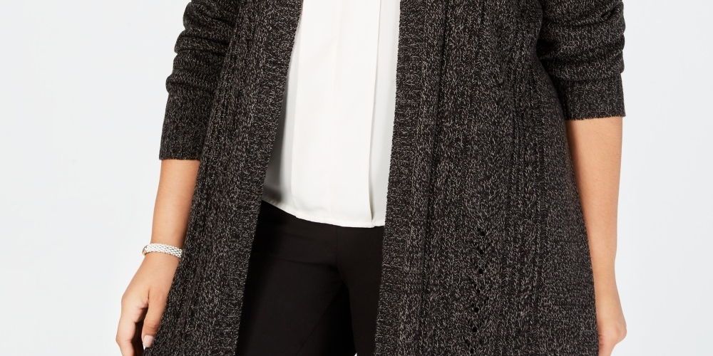 Karen Scott Women's Plus Pointelle Open Front Cardigan Black Size 0X