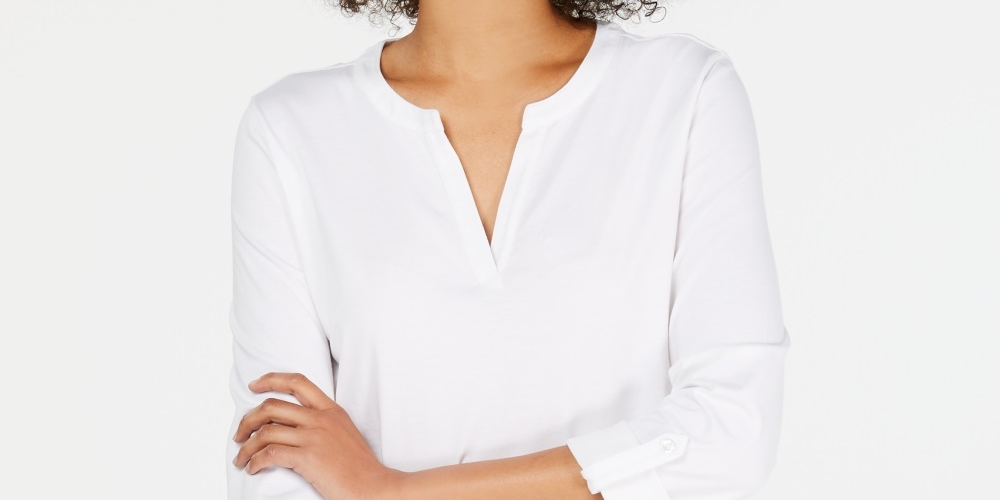 Charter Club Women's Supima Cotton Split Neck Top White Size Petite Small