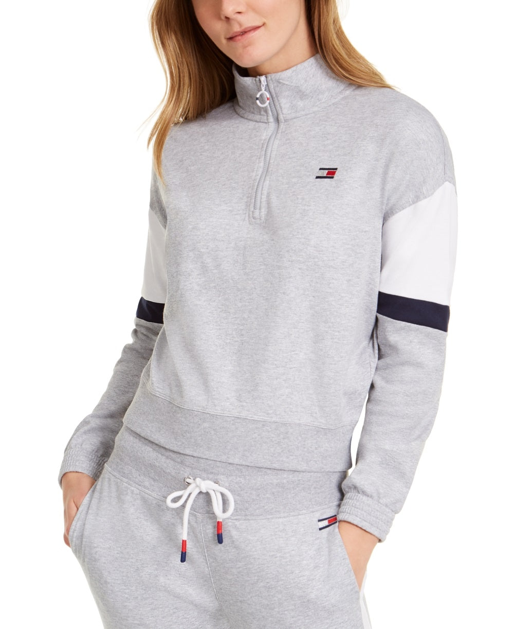 Tommy Hilfiger Women's Sport Colorblocked Half Zip Top Silver Size Medium