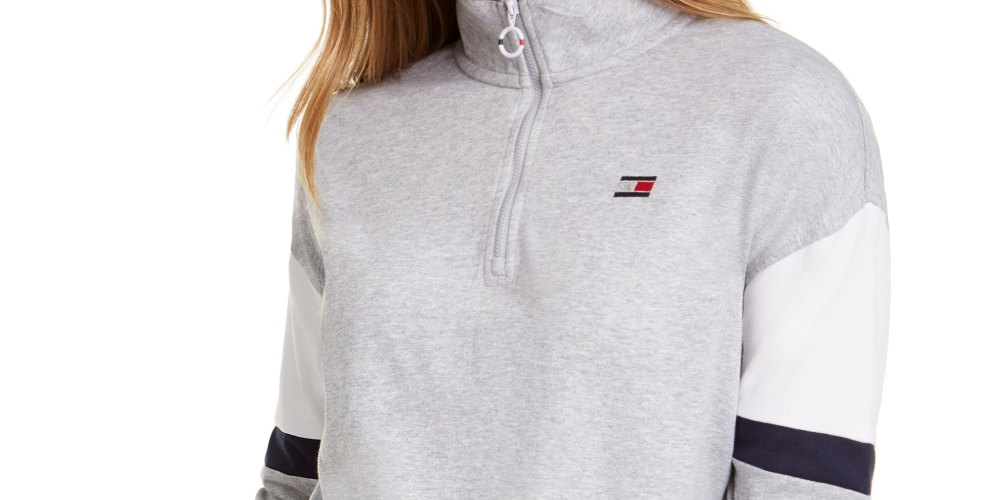 Tommy Hilfiger Women's Sport Colorblocked Half Zip Top Silver Size Medium