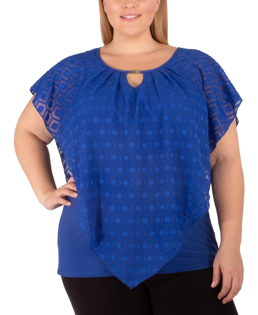 NY Collection Women's Jacquard Poncho Top Blue Size 1X