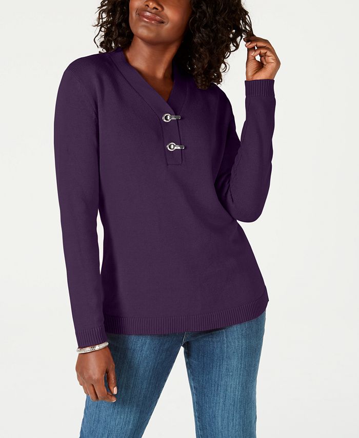 Karen Scott Women's Cotton Toggle Henley Sweater Purple Size Petite Medium