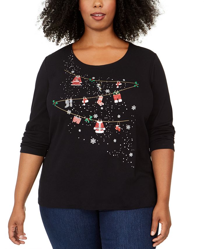 Karen Scott Women's Plus Cotton Holiday Rhinestone Embellished Top Black Size 2X