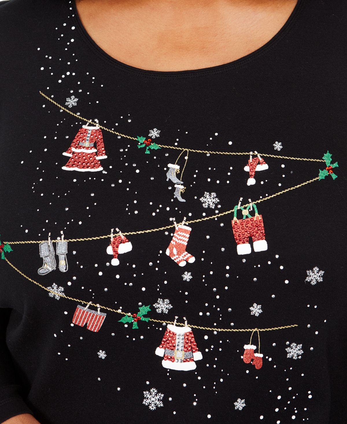 Karen Scott Women's Plus Cotton Holiday Rhinestone Embellished Top Black Size 2X