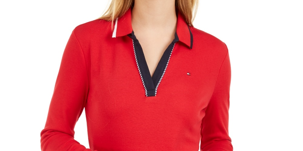 Tommy Hilfiger Women's Cotton Long Sleeve Polo Shirt Red Size Small