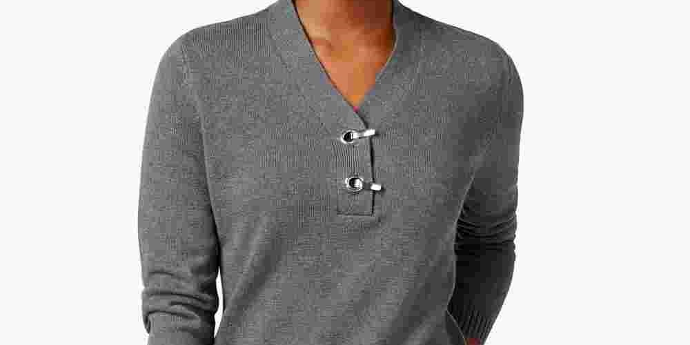 Karen Scott Women's Cotton Toggle Henley Sweater Gray Size -PL