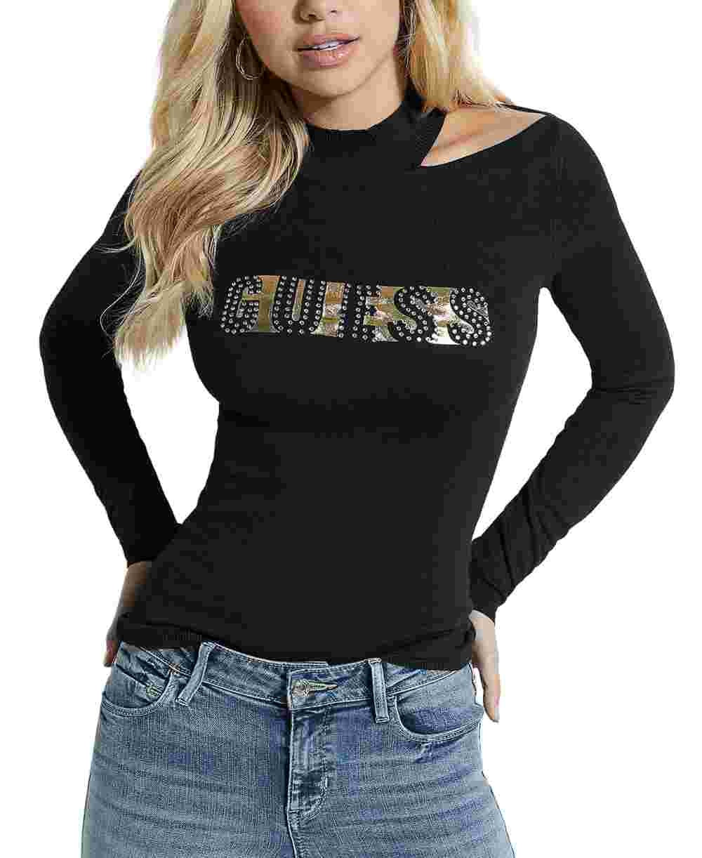 Guess Women's Metallic Logo Sweater Black Size X-Large