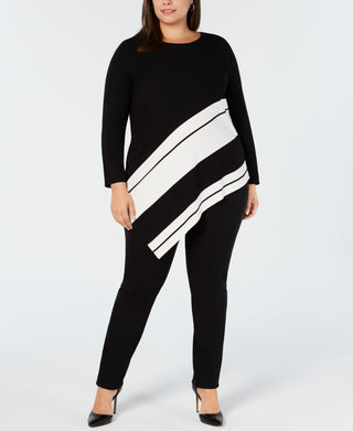 Alfani Women's Plus Size Asymmetrical-Hem Striped Sweater Black Size 0X