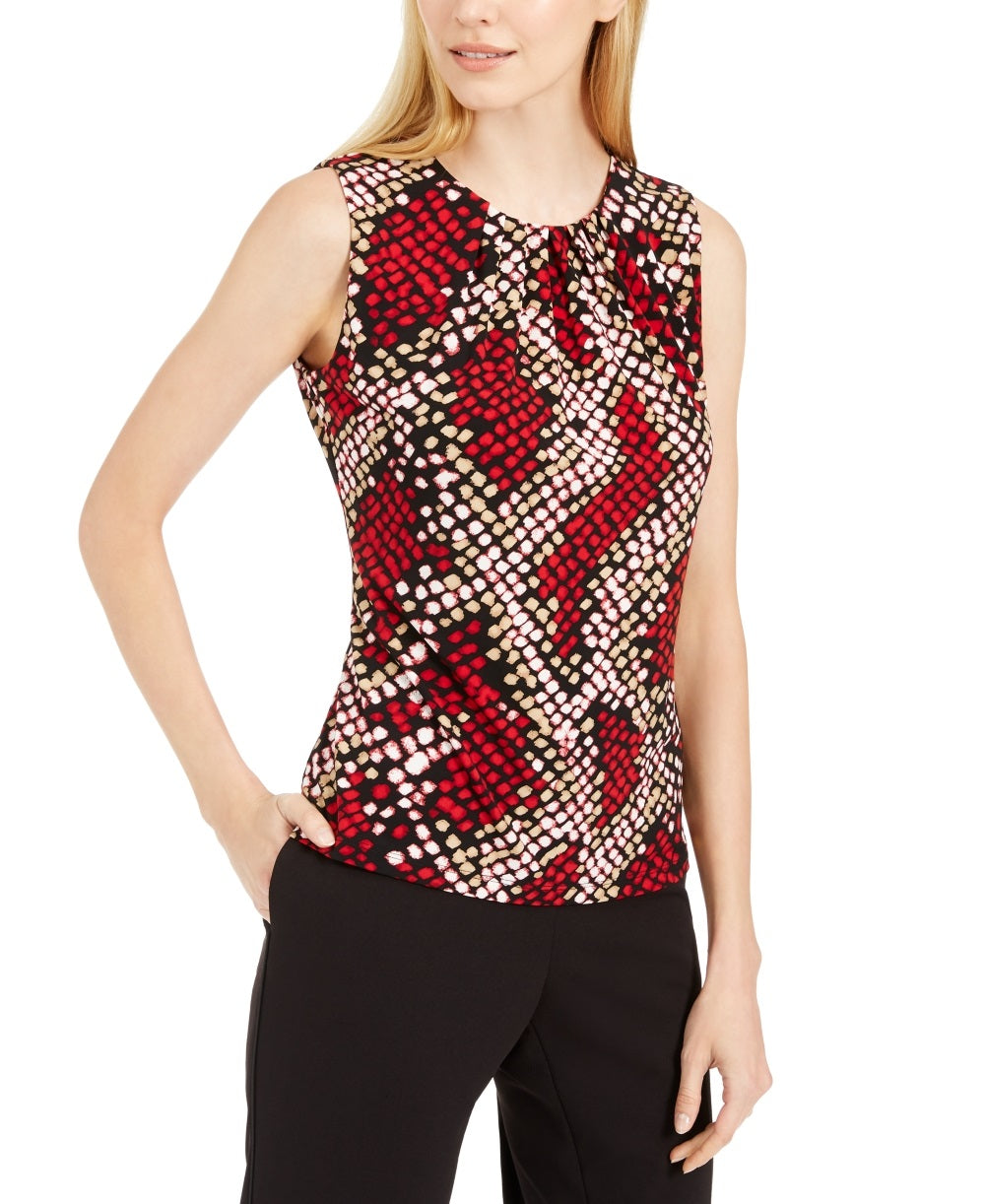 Calvin Klein Women's Snake Print Pleated Neck Top Red Size Large