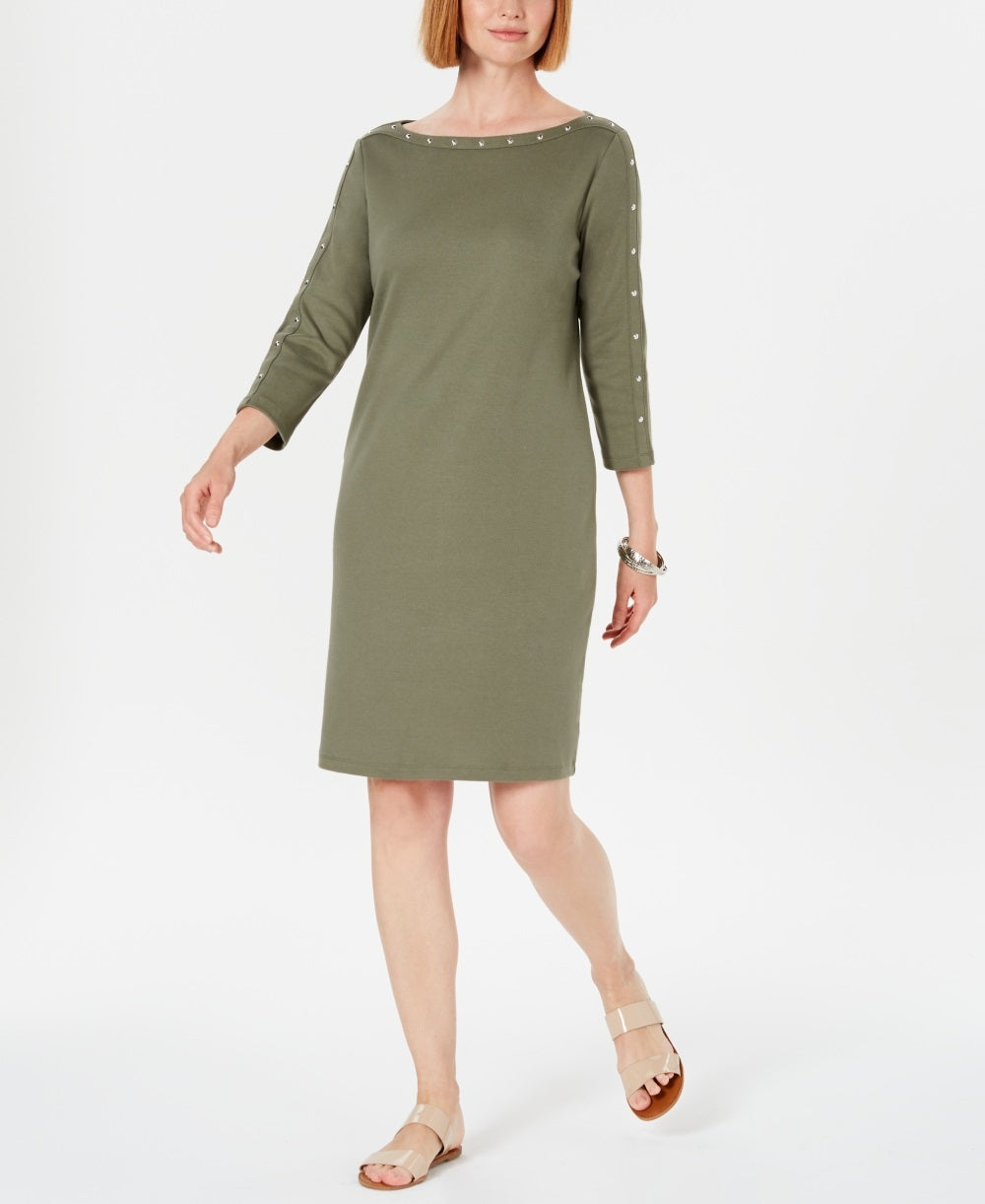 Karen Scott Women's Sport Cotton Studded 3/4 Sleeve Shift Dress Green Size Small