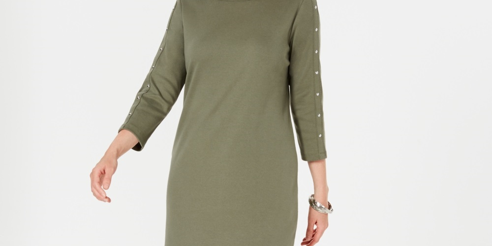 Karen Scott Women's Sport Cotton Studded 3/4 Sleeve Shift Dress Green Size Small