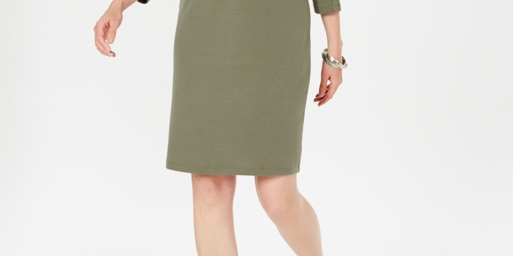Karen Scott Women's Sport Cotton Studded 3/4 Sleeve Shift Dress Green Size Small
