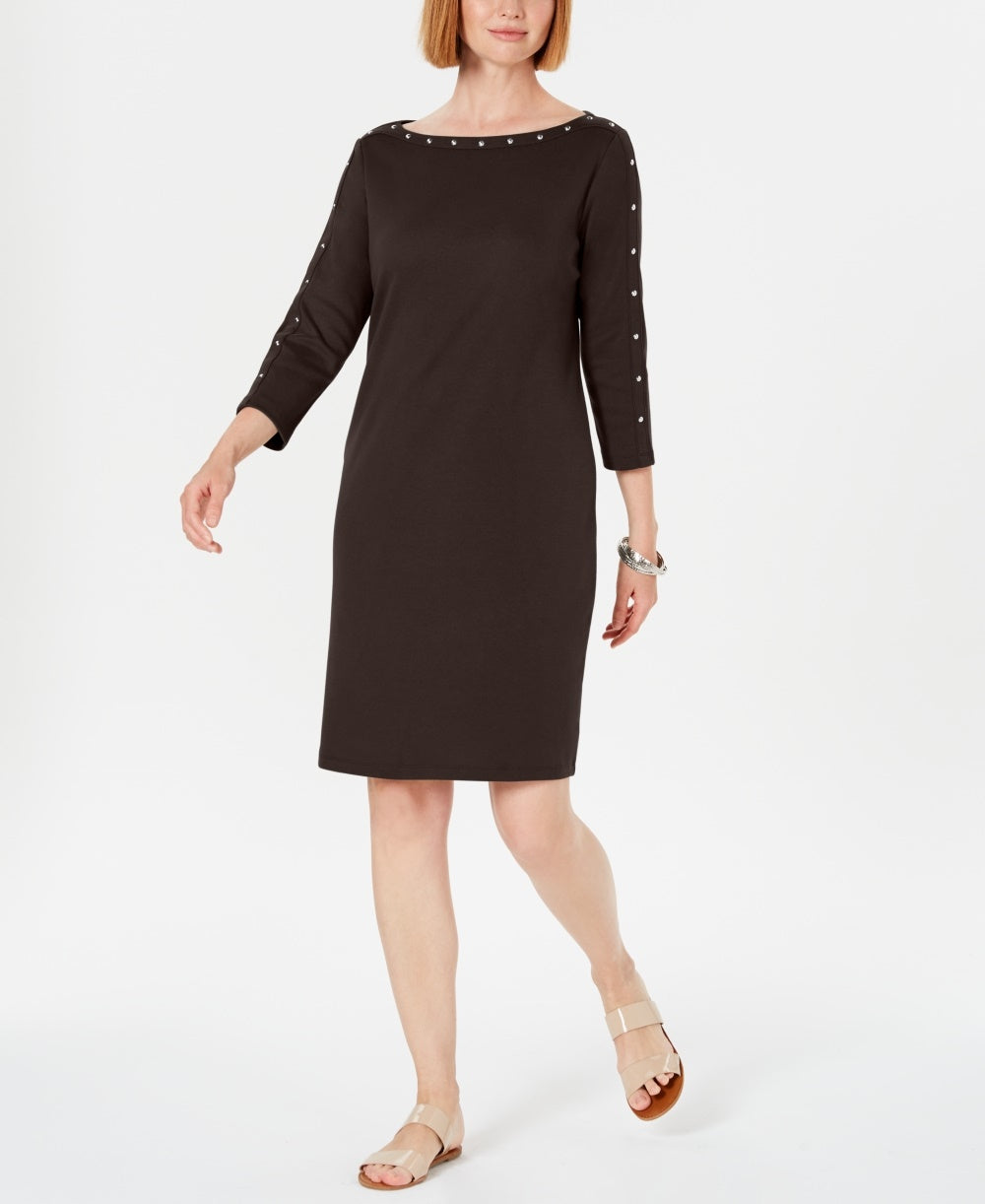 Karen Scott Women's Sport Cotton Studded 3/4-Sleeve Shift Dress Brown Size X-Small