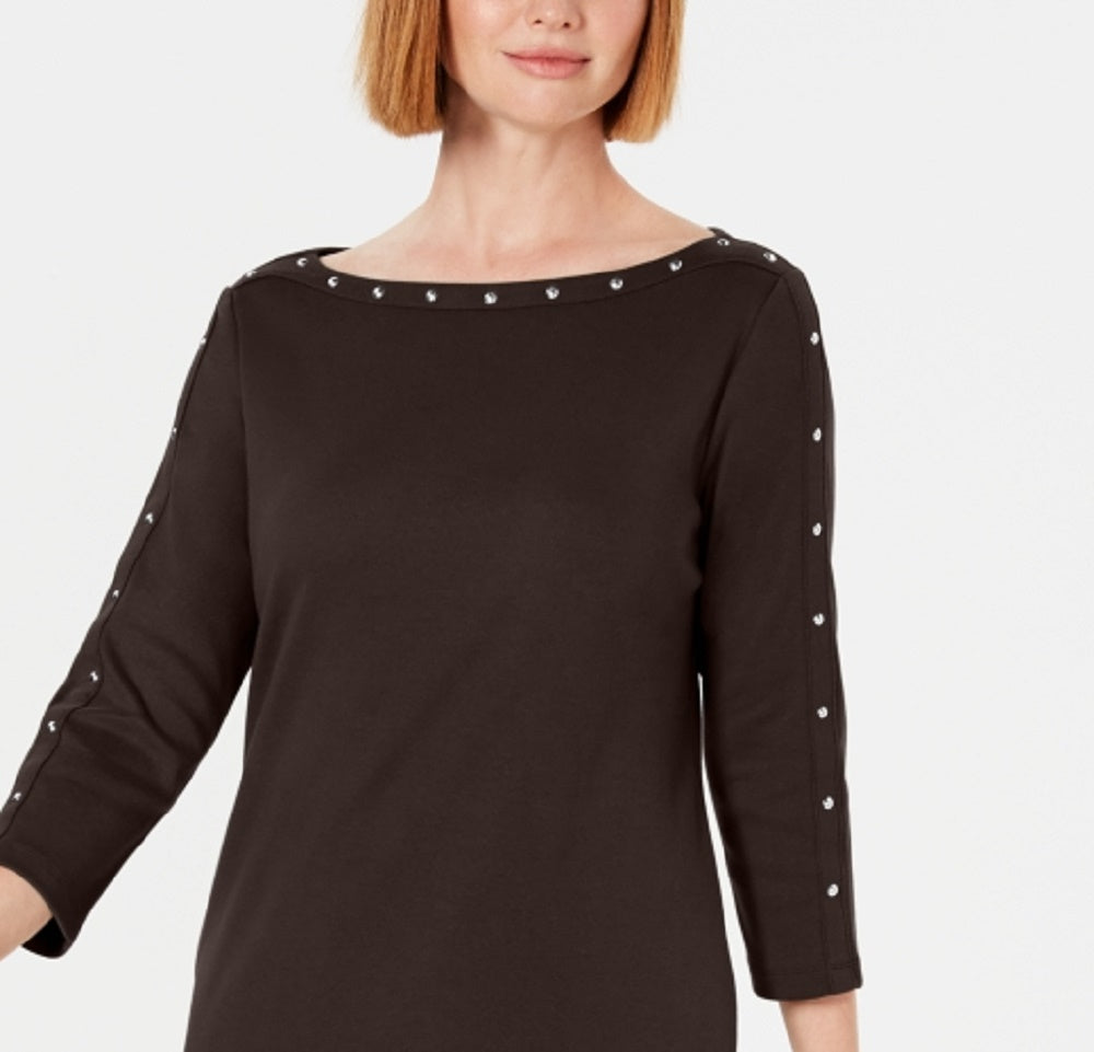 Karen Scott Women's Sport Cotton Studded 3/4-Sleeve Shift Dress Brown Size X-Small