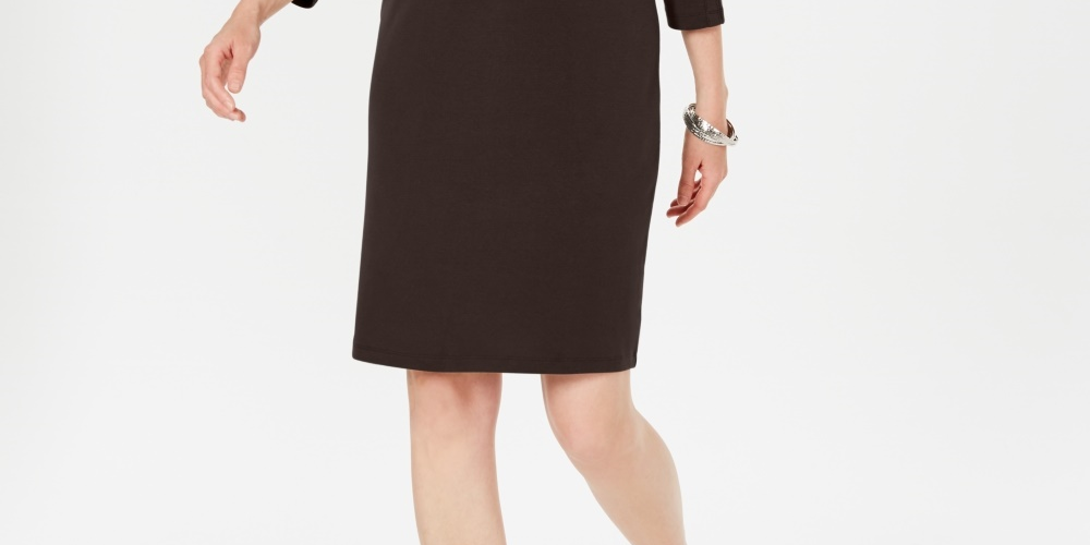 Karen Scott Women's Sport Cotton Studded 3/4-Sleeve Shift Dress Brown Size X-Small