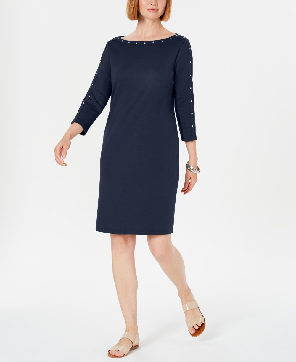 Karen Scott Women's Sport Cotton Studded 3/4 Sleeve Shift Dress Blue Size Small