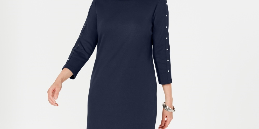 Karen Scott Women's Sport Cotton Studded 3/4 Sleeve Shift Dress Blue Size Small