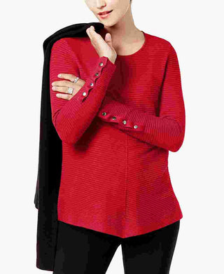 Alfani Women's Petite Ribbed Snap-Detail Sweater  Red Size PM