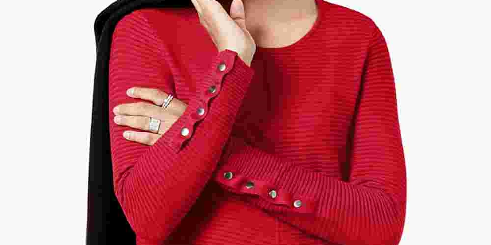 Alfani Women's Petite Ribbed Snap-Detail Sweater  Red Size PM