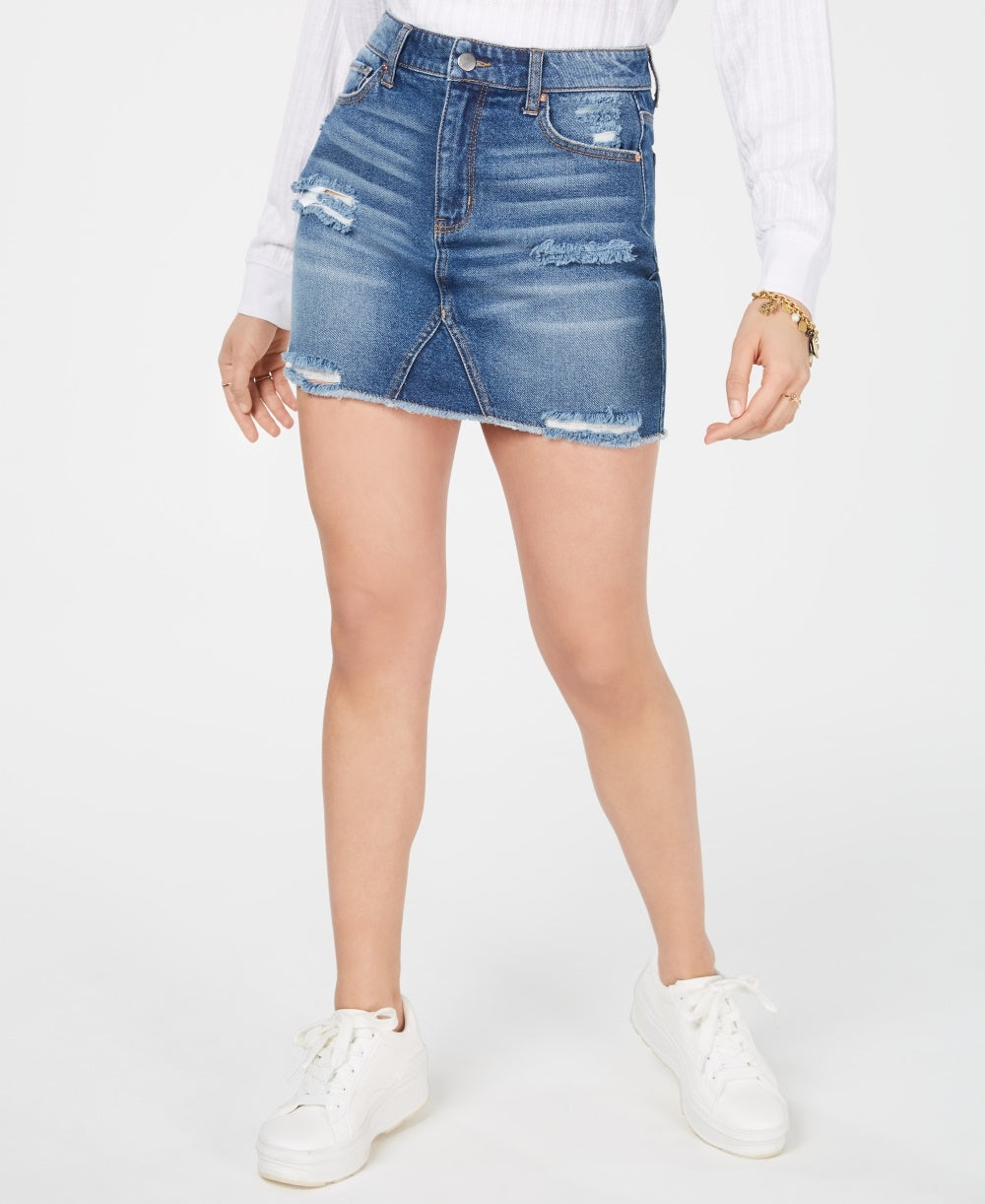 Tinseltown Juniors' Ripped Denim Mini Skirt Blue Size 9