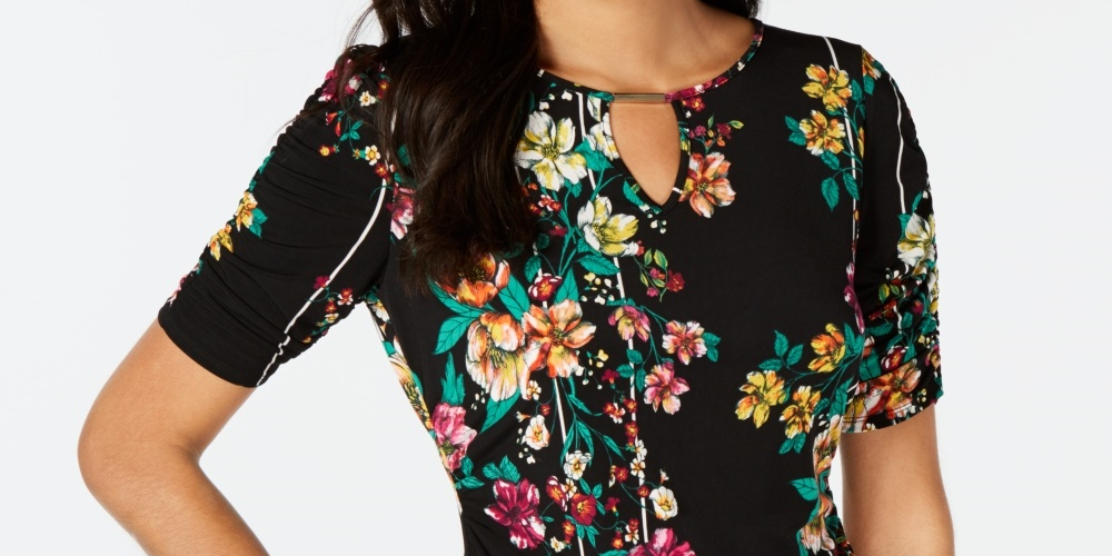 Thalia Sodi Women's Printed Elbow Sleeve Keyhole Top Black Size XX-Large