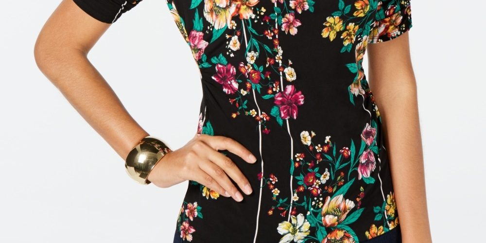 Thalia Sodi Women's Printed Elbow Sleeve Keyhole Top Black Size XX-Large