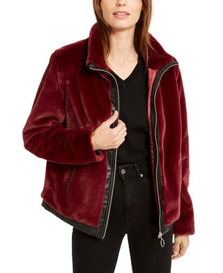 Bar III Women's Faux Fur Zippered Pocketed Jacket Red Size X-Large
