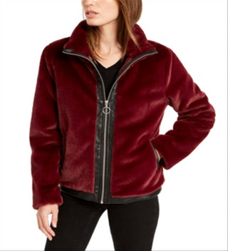 Bar III Women's Faux Fur Zippered Pocketed Jacket Red Size X-Large