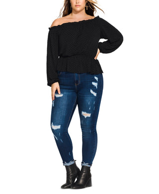 City Chic Women's Trendy Plus Flocked Off The Shoulder Top Black Size 18W